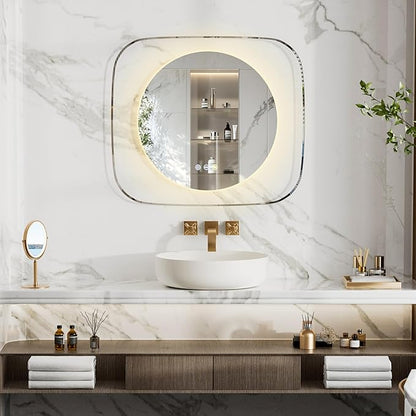 LUVODI Lighted LED Bathroom Mirror: 28”x32” Transparent Wall Mounted Vanity Mirror with Bright Back Lit - Illuminated Dimmable 3 Colors Mirrors with Smart Memory Form Anti-Fog for Bathroom