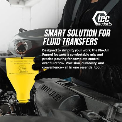 TEC Products FlexAll Long Flexible Funnels - Automotive Oil Funnel with Hose, Durable Nitrile Rubber for Oil Change, Transmission Funnel Fluid, Diesel, Fuel, Gas - Made in USA - Yellow (16 x 5 Inches)