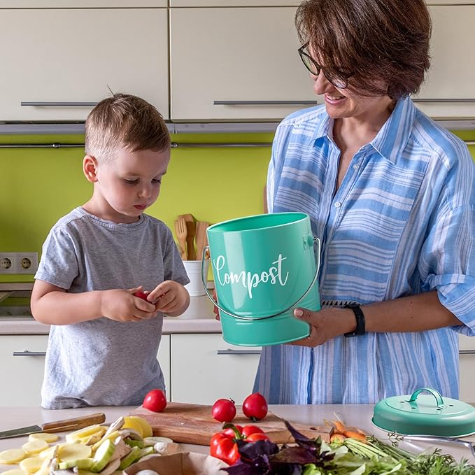 Teal Compost Bin - 1.3 Gallon Countertop Compost Bin with Lid - Rust Proof Compost Bucket - Teal Kitchen Decor