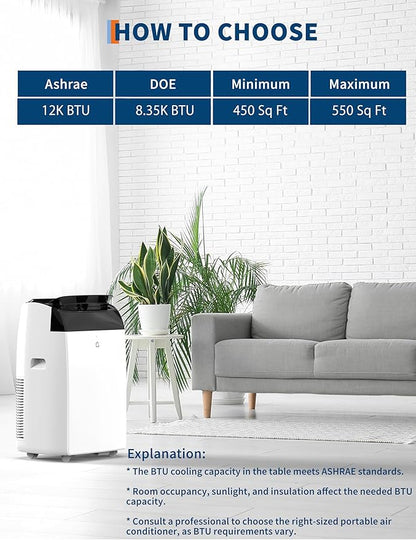 GarveeLife 12,000 BTU Portable Air Conditioners - Smart AC Units Cold with Drainage-free 48db Quiet Cooling within 550 sq.ft, Remote Control 24H Timer/Dehumidifier/Fan Modes for Bedroom Room Indoor