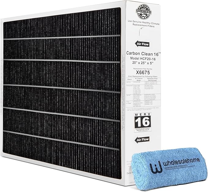 Healthy Climate Lennox X6675 20x25x5 Air Filter, Lennox Healthy Climate Carbon Clean Merv 16 Home Furnace Filter for HVAC system with Wholesalehome Cleaning Cloth