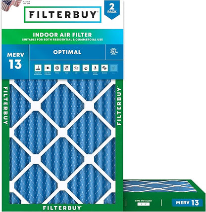 Filterbuy 18x30x2 Air Filter MERV 13 Optimal Smoke & Allergy Defense (2-Pack), Electrostatic Pleated HVAC AC Furnace Filters Replacement, Made in USA (Actual Size: 17.50 x 29.50 x 1.75)