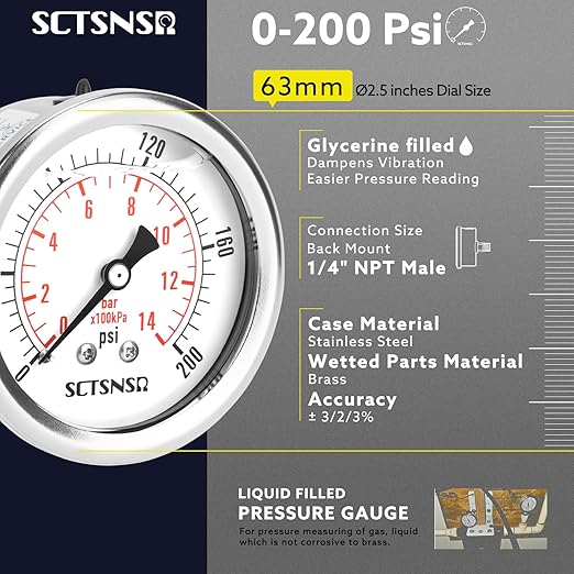 2-1/2" Dial Size, 0-200 Psi Pressure Gauge, Glycerin Liquid Filled, 1/4" NPT Back Mount, Stainless Steel Case, for Air Compressor, Shock, Water System, Well Pump, Tank, Pipe, Pressure Test