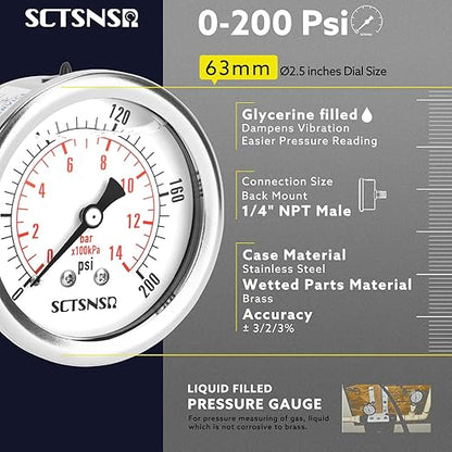 2-1/2" Dial Size, 0-200 Psi Pressure Gauge, Glycerin Liquid Filled, 1/4" NPT Back Mount, Stainless Steel Case, for Air Compressor, Shock, Water System, Well Pump, Tank, Pipe, Pressure Test