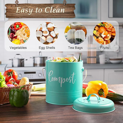 Teal Compost Bin - 1.3 Gallon Countertop Compost Bin with Lid - Rust Proof Compost Bucket - Teal Kitchen Decor