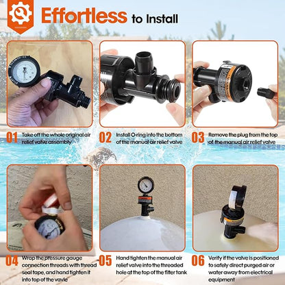 98209800 High Flow Manual Relief Valve/Air Relief Manual Valve Assembly with Pressure Gauge, Replacement for Pool and Spa Filter (1 PACK-98209800)