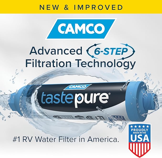 Camco Tastepure RV Water Filter - Advanced RV Inline Water Filter with Flexible Hose Protector - GAC & KDF Filtration - Made in USA - Camping Essentials for Fresh Drinking Water (40043)