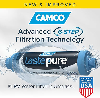 Camco Tastepure RV Water Filter - Advanced RV Inline Water Filter with Flexible Hose Protector - GAC & KDF Filtration - Made in USA - Camping Essentials for Fresh Drinking Water (40043)
