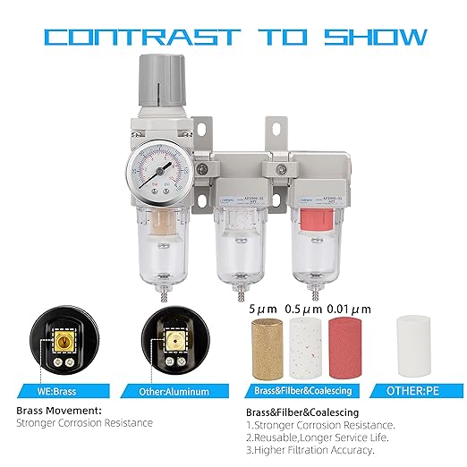 NANPU Three Stage Air Drying System - 5 Micron Particulate Filter, 0.5＆0.01 Micron Coalescing Filters, Air Pressure Regulator Combo - 0-150 psi Gauge, Semi-Auto Drain, Metal Bracket (1/4" NPT）