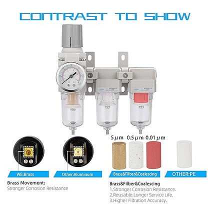 NANPU Three Stage Air Drying System - 5 Micron Particulate Filter, 0.5＆0.01 Micron Coalescing Filters, Air Pressure Regulator Combo - 0-150 psi Gauge, Semi-Auto Drain, Metal Bracket (1/4" NPT）