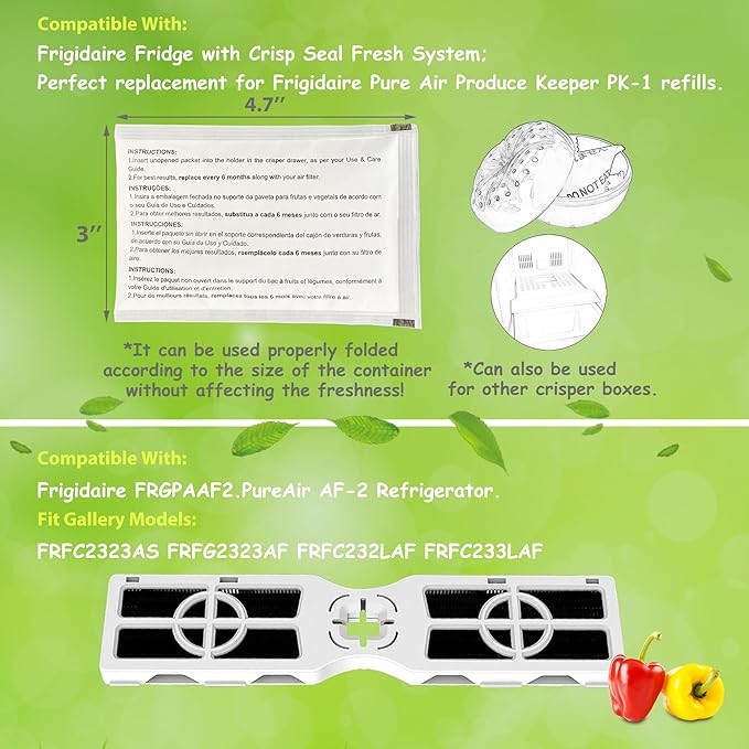 3 Replacement RAF-2 Air Filter (FRGPAAF2) And 3 Pack PK-1 Produce Saver Refills for Frigidaire Pure Air Produce Keeper FRPAPKRF2PK FRPAPKRF, Compatible with Frigidaire Crisp Seal Fresh System