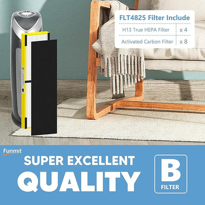 FLT4825 HEPA Filter B Replacement Compatible with G-Guardian AC4825, AC4300, AC4900, AC4825DLX, AC4850, CDAP4500, AP2200 Air Purifier, 4 H13 True HEPA Filters + 8 Activated Carbon Pre-Filters, Yellow