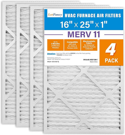 LotFancy 16x25x1 Air Filter MERV 11 4-Pack, Electrostatic Pleated AC Furnace Air Filter, Captures Dust, Smog & Pet Dander, Actual Size: 15.75"x24.75"x0.75"