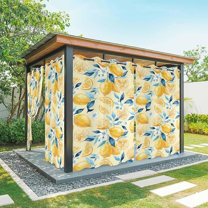 Lemon Outdoor Curtains for Patio Lemon Leaves Summer Plants Begin Waterproof Outside Curtains with Grommet Top Weatherproof Curtain for Cabana Pergola Gazebo, 1 Panel, 54" W x 84" L