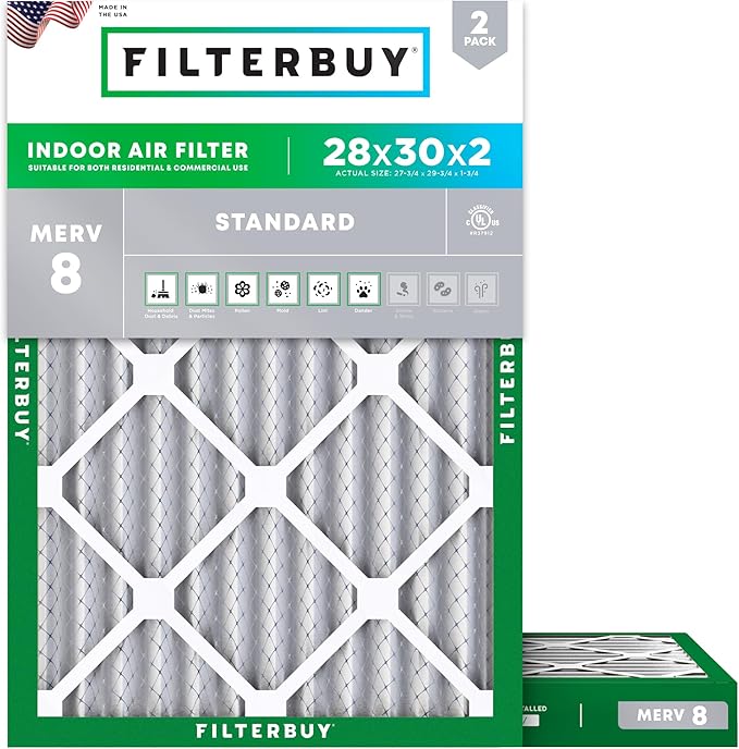 Filterbuy 28x30x2 Air Filter MERV 8 Essential Dust & Allergy Defense (2-Pack), Electrostatic Pleated HVAC AC Furnace Filters Replacement, Made in USA (Actual Size: 27.75 x 29.75 x 1.75)