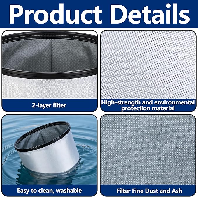 Tlswshsy 2 Pack 11.8'' x 11.8'' x 7'' Double Layer Ash Vacuum Filter, PAAC301 Washable Dust Vacuum Filter, Reusable Ash Vacuums Cloth Filtration for Part Replacement Great Clean Performance