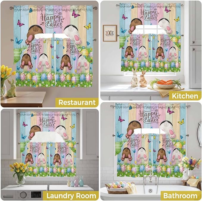 Swag Valance Curtains, Happy Easter Rabbit Butt Egg on Daisy Leaf Rod Pocket Valances Swag Topper for Kitchen Windows, Bufferfly on Wood Barn Light Filtering Short Curtain for Bedroom Bathroom 56x36In