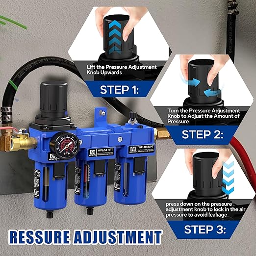 NEWPO 1/2'' NPT Compressed Air Filter Regulator Lubricator Combo with Pressure Gauge,Brass Filter and Coalescing Filter,Semi-Auto Drain, Metal Bracket-Blue