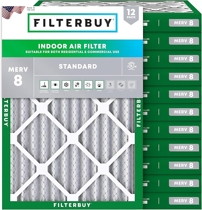 Filterbuy 24x28x2 Air Filter MERV 8 Essential Dust & Allergy Defense (12-Pack), Electrostatic Pleated HVAC AC Furnace Filters Replacement, Made in USA (Actual Size: 23.50 x 27.50 x 1.75)