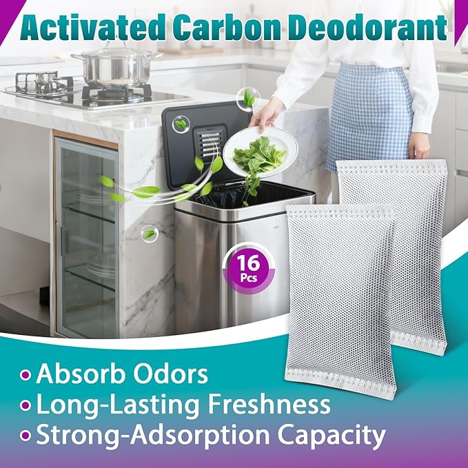 16 Pcs Activated Charcoal Odor Absorbing Filter Refills, Compatible with 8 Gallon & Larger Trash Cans, Long-Lasting Deodorizer Replacement for Kitchen/Bathroom Use