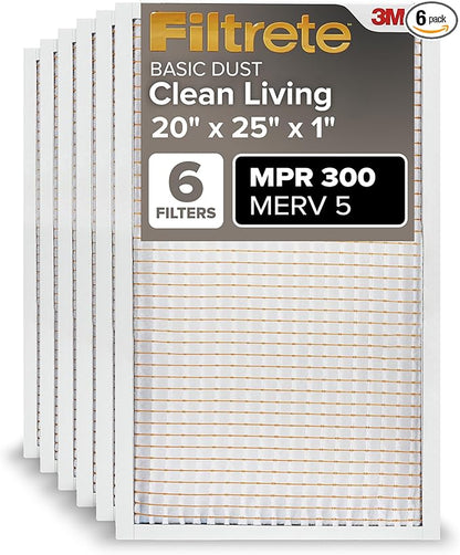 Filtrete 20x25x1 AC Furnace Air Filter, MERV 5, MPR 300, Capture Unwanted Particles, 3-Month Pleated 1-Inch Electrostatic Air Cleaning Filter, 6-Pack (Actual Size 19.69x24.69x0.81 in)