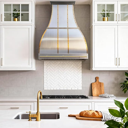 CHETTO C Stainless Steel Range Hood Cover with Quiet Vent Hood Insert Custom Handcrafted Metal Kitchen Fan with Towel Rack LED Light 54"W x24"D x54"H Brushed Stainless Steel Wall Mount