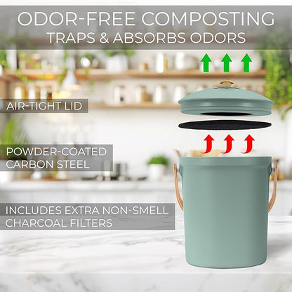 Beautiful Kitchen Compost Bin with Smell Proof Lid - Rust Proof and Odorless Compost Bucket for Your Countertop with No Smell Filters - Easy to Clean 1.1 Gallon Bin Looks Great On Any Kitchen Counter