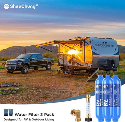 SheeChung RV Water Filter, NSF Certified, 3 PACK Inline Hose Water Filter with Brass 90 Degree Hose Elbow and Flexible Hose Protector, for RV, Boat, Camping – Reduces Odors, Bad Taste, Chlorine, Rust