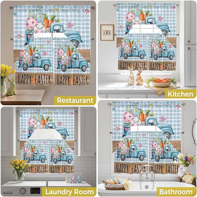 Swag Valance Curtains, Easter Truck with Rabbit Eggs Carrot Rod Pocket Valances Swag Topper for Kitchen Windows, Wood Barn and Blue Checker Light Filtering Short Curtain for Bedroom Bathroom 56x36In