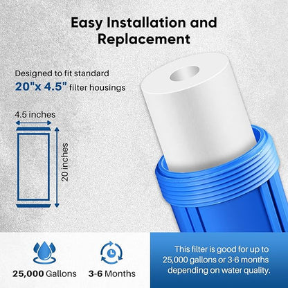 PUREPLUS 1 Micron 20" x 4.5" Whole House Sediment Home Water Filter Replacement Cartridge, Compatible with DGD-2501-20, AP810-2, P1-20BB, FP25B, FPMB-BB1-20, SDC-45-2001, 4 Pack