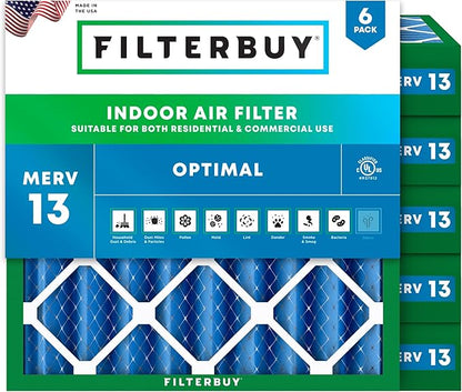 Filterbuy 25x25x4 Air Filter MERV 13 Optimal Smoke & Allergy Defense (6-Pack), Electrostatic Pleated HVAC AC Furnace Filters Replacement, Made in USA (Actual Size: 24.50 x 24.50 x 3.63)