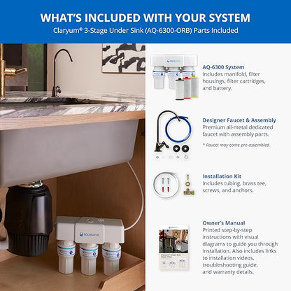 Aquasana Under Sink Water Filter | 3-Stage Claryum Filtration | Reduces up to 99.99% of PFAS, Lead & Chlorine | Under Counter Drinking Water Filter | Includes Oil-Rubbed Bronze Faucet | AQ-6300-ORB