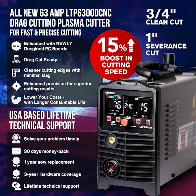 LTP6300D | 63A Non-Touch Pilot Arc Plasma Cutter, Drag-Cut Enabled, Non-HF Blowback Start, 3/4" Clean (1" Sever), Dual-Voltage 110/220V, LED Controls, Portable Air Plasma Cutter