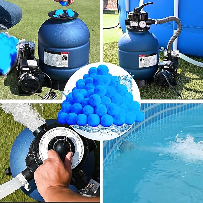 QwayHome 3.1 lbs Pool Filter Balls, Reusable Filter Sand Balls for Above Ground Pool Sand Pump, Pool Filter Sand Alternative, Eco-Friendly Fiber Filter Balls, Replace 110 lbs Filter Sand, Blue