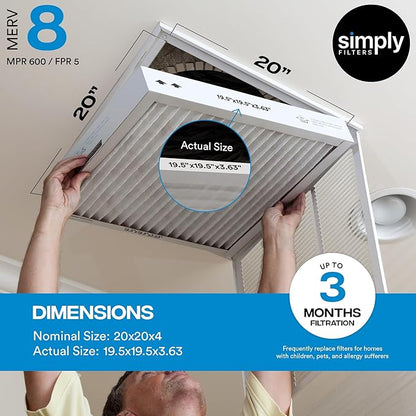 Simply 20x20x4 Air Filter, MERV 8, 4 Pack, Furnace Air Filter for HVAC (Actual Size:19.5"x19.5"x3.63") DUST, Pet, & Allergy Control