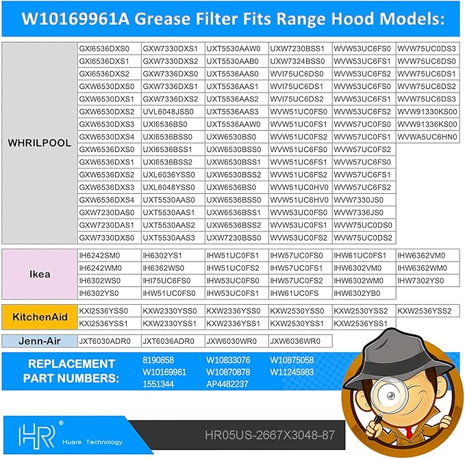 Updated W10169961A Range Hood Filter, Stove Vent Filter, Fits Whirlpool, Ikea, Kitchen Aid, Jenn Air, Aluminum Mesh Range Hood Grease Filters 10.5x12Inch, 3PCS Replacement For W10870878, W10875058