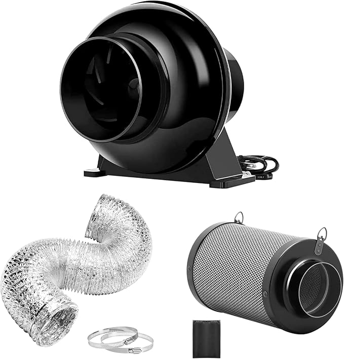 iPower 4 Inch 195 CFM Inline Fan, Air Carbon Filter, 8 Ft Al Foil Ducting for Grow Tent, Ventilation & HVAC Heating Cooling