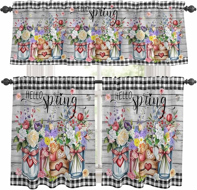 Kitchen Curtains Tiers and Valance Set of 3, Spring Flowers Light Filtering Window Curtain Set, Farmhouse Black Plaid Wood Grain Rod Pocket Curtain Drapes for Cafe, Living Room, 36 Inches Tiers