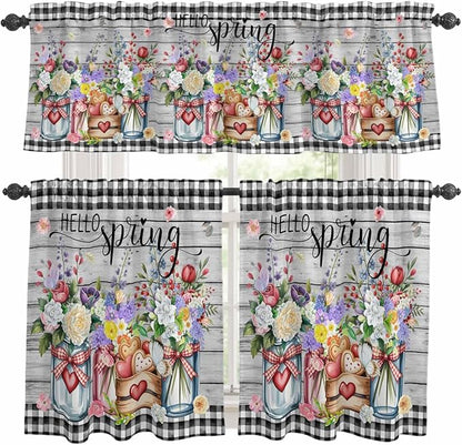 Kitchen Curtains Tiers and Valance Set of 3, Spring Flowers Light Filtering Window Curtain Set, Farmhouse Black Plaid Wood Grain Rod Pocket Curtain Drapes for Cafe, Living Room, 36 Inches Tiers