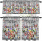 Kitchen Curtains Tiers and Valance Set of 3, Spring Flowers Light Filtering Window Curtain Set, Farmhouse Black Plaid Wood Grain Rod Pocket Curtain Drapes for Cafe, Living Room, 36 Inches Tiers