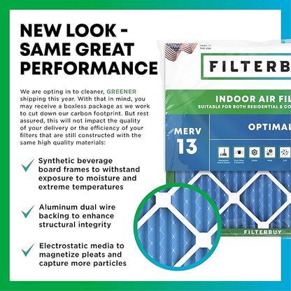 Filterbuy 12x20x2 Air Filter MERV 13 Optimal Smoke & Allergy Defense (6-Pack), Electrostatic Pleated HVAC AC Furnace Filters Replacement, Made in USA (Actual Size: 11.50 x 19.50 x 1.75)