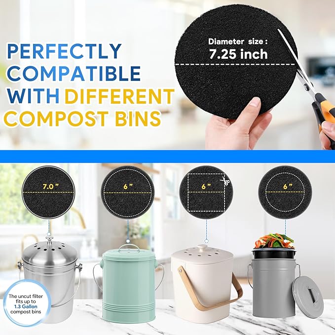 KEEPOW Compost Bin Filter, 12 Pack 7.25" Charcoal Filters for Kitchen Compost Bin Countertop, Charcoal Filters for Compost Bucket, Activated Carbon Filter for Compost Pail Counter Refill Sets (Round)