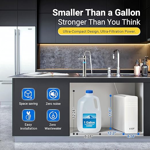 LCF 0.01μm Ultra-Filtration Under Sink Water Filter System, 3-Stage Alkaline Mineral pH+ Water Purifier, LED UV-C Ultrąviolët SUS304 Faucet, Reduces up to 99.9% of Baçtёria, Bad Taste & Chlorine