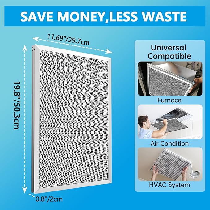 UBeesize 12x20x1 Air Filter HVAC AC Furnace Filter,MERV 8,Reusable Washable, Lasts a Lifetime,Permanent Air Filter,Breathe Fresher,Home And Office(Actual Size:11.69x19.8x0.8Inch)