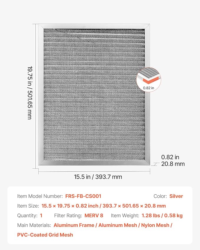 VEVOR Electrostatic Air Filter, 16x20x1 inch Washable & Reusable Aluminum AC/HVAC Furnace Filter, MERV 8 Long Lifetime, Healthier Home or Office (Actual Size: 15.5 x 19.75 x 0.82 in)