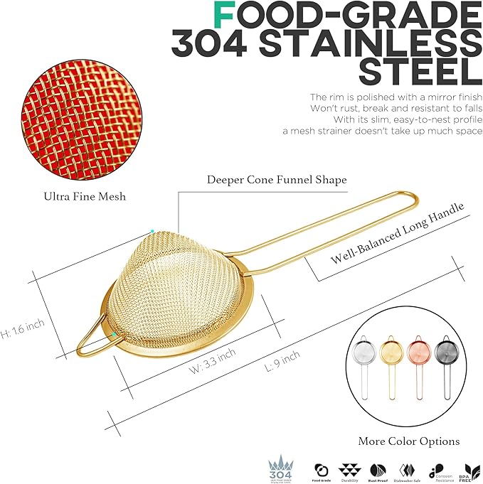 Homestia Fine Mesh Strainer for Kitchen, 304 Stainless Steel Sieve Sifters Cocktail Strainer for Food, Tea, Oil, Noodles, Coffee, Juice, Flour, Fruits, Vegetables - Easy to Clean Drink Strainer (Gold)