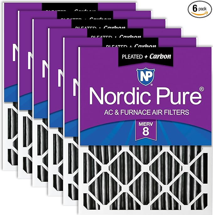 Nordic Pure 20x20x4 (Actual Size: 19 1/2 x 19 1/2 x 3 5/8) Pleated Plus Carbon Air Filters MERV 8 6 Pack