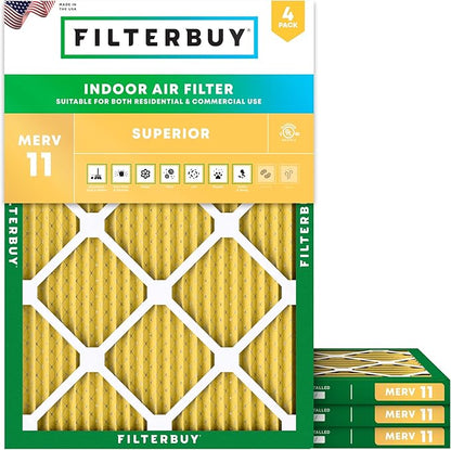 Filterbuy 12x16x1 Air Filter MERV 11 Superior Pet & Allergy Defense (4-Pack), Electrostatic Pleated HVAC AC Furnace Filters Replacement, Made in USA (Actual Size: 11.50 x 15.50 x 0.75)