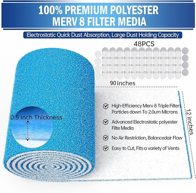 UBeesize Air Vent Filters, 12" x 90" Cut to Size Air Filter Material (35+ Filters), MERV 8 Triple Vent Filter Kit for Home Floor, Grilles, Ceiling, HVAC Furnace Vent, With 48PCs Adhesive Hook Tape