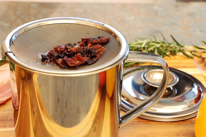 Bacon Grease Container with Strainer, Stainless Steel Oil Storage Can Container with Fine Mesh Strainer Fat Container Pot with Filter Screen, 1.25 QT / 5 Cups Grease Keeper Cooking Oil Keeper